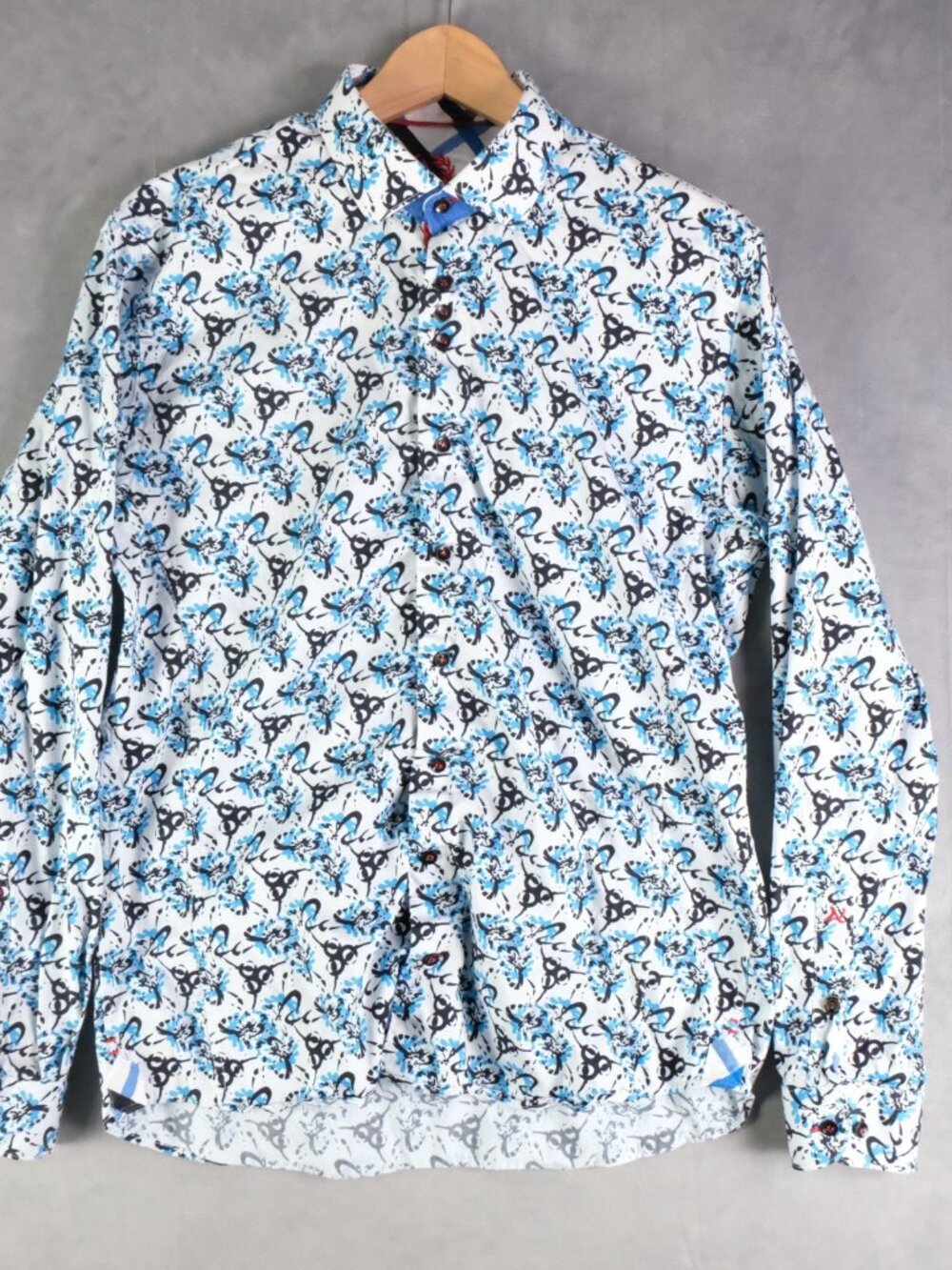 Au Noir Shirt Mens 4 Large White Blue Button Up Geometric Unique Long Sleeve